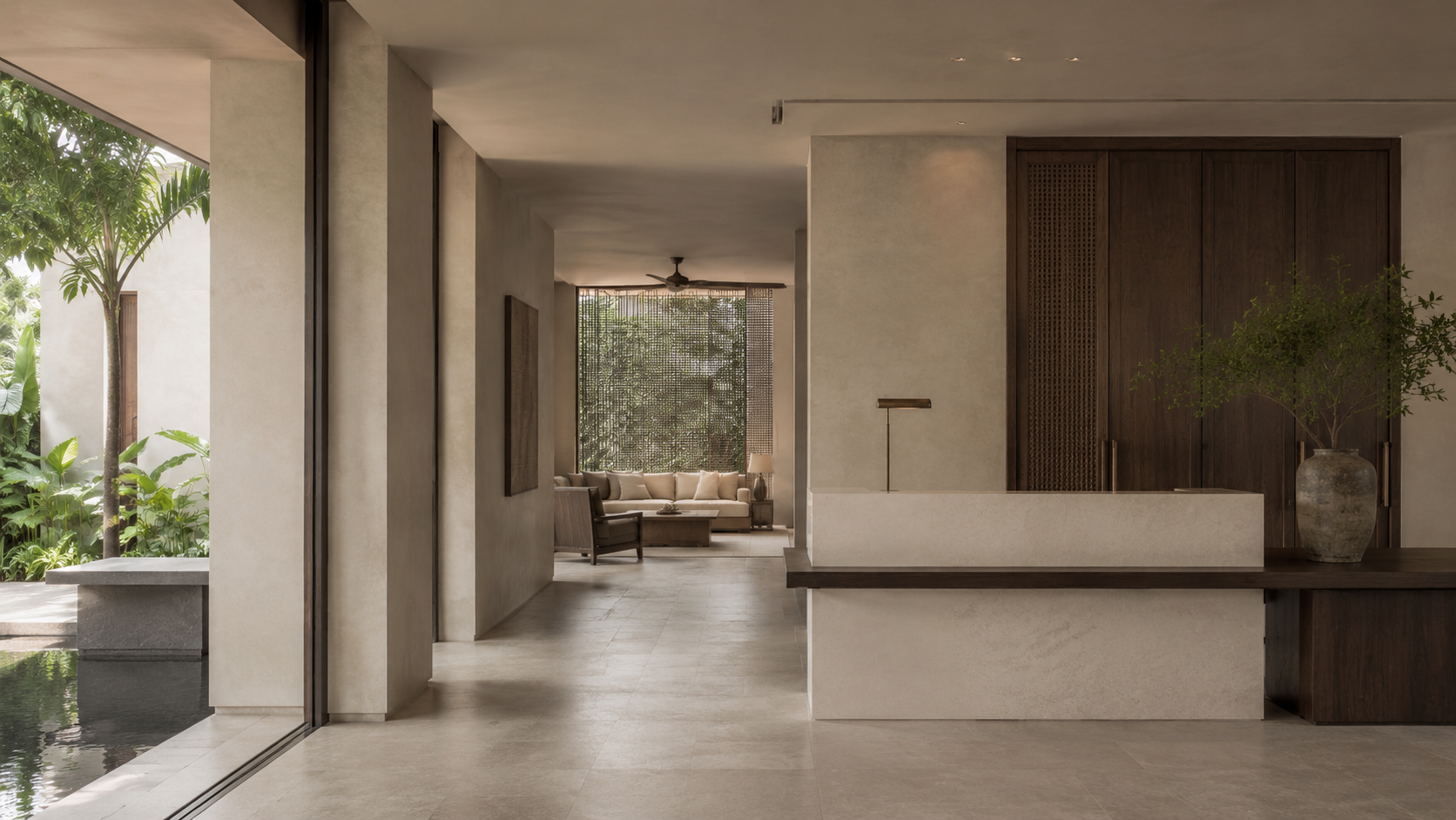 เลานจ์โรงแรมบูติกที่ออกแบบประสบการณ์การมาถึงอย่างตั้งใจ